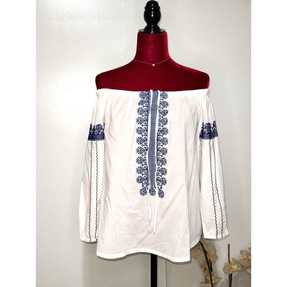 Madewell Folktale Off Shoulder 100 % Cotton Embroidered Casual Blouse Size S 966 - Picture 3 of 9